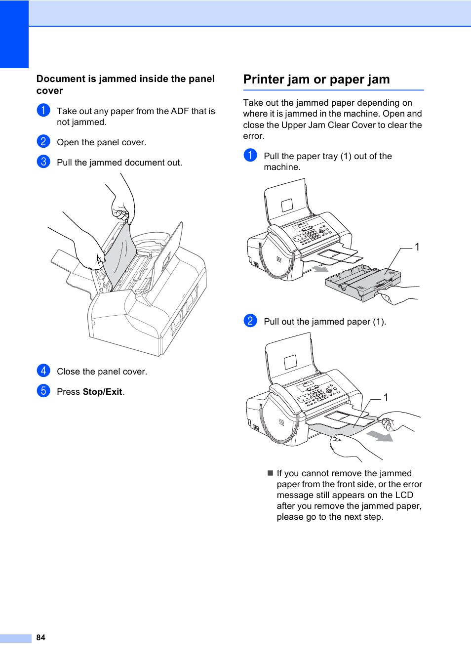 Document is jammed inside the panel cover, Printer jam or paper jam | Brother FAX-1355 User Manual | Page 94 / 127