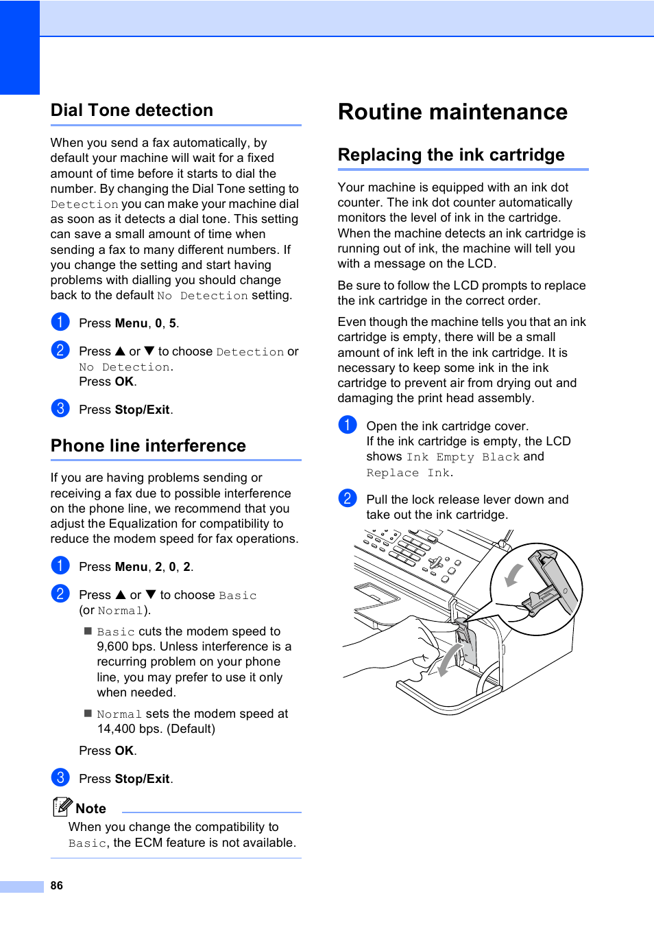 Dial tone detection, Phone line interference, Routine maintenance | Replacing the ink cartridge, Dial tone detection phone line interference | Brother FAX-1355 User Manual | Page 96 / 127