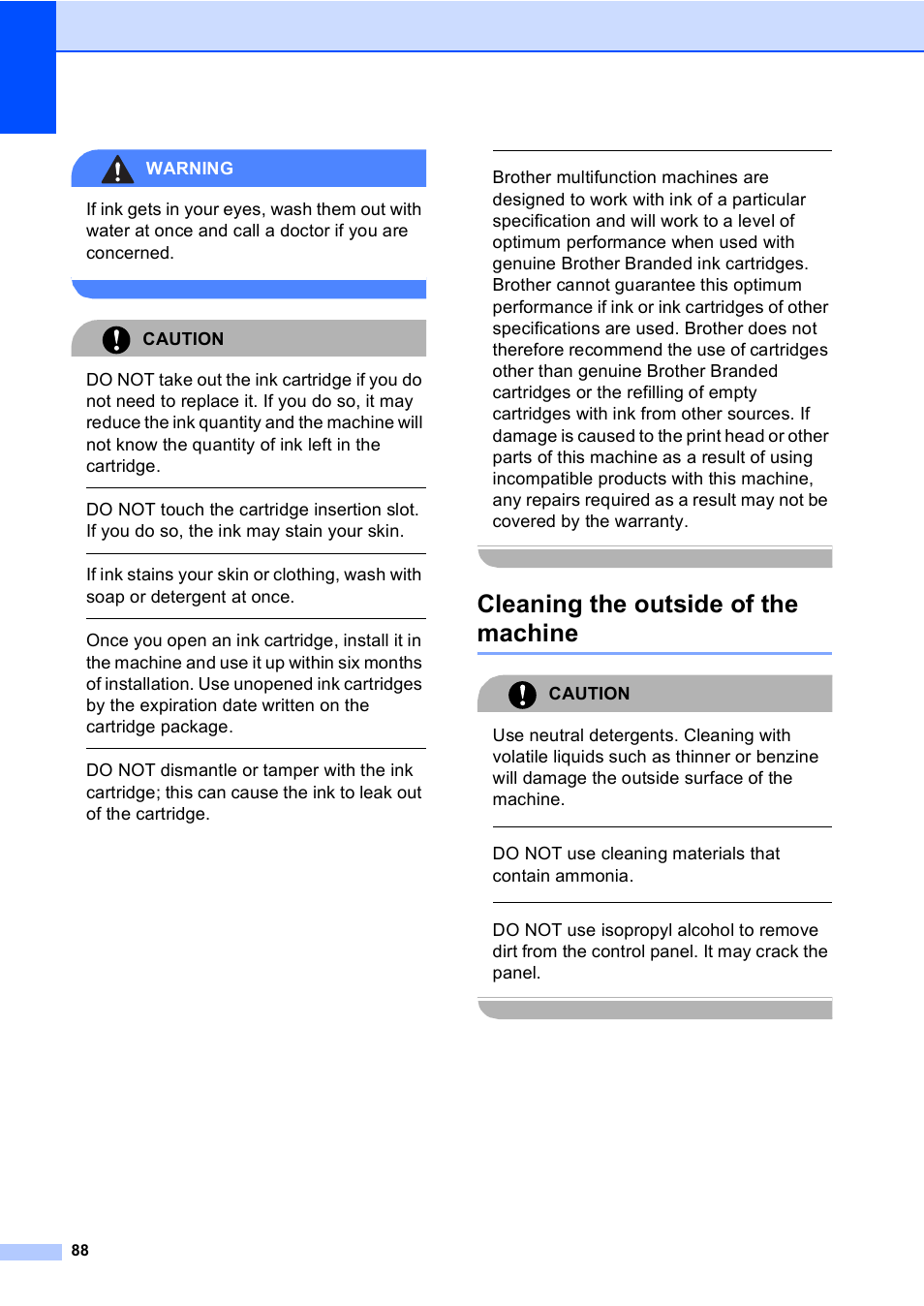 Cleaning the outside of the machine, Warning, Caution | Do not use cleaning materials that contain ammonia | Brother FAX-1355 User Manual | Page 98 / 127