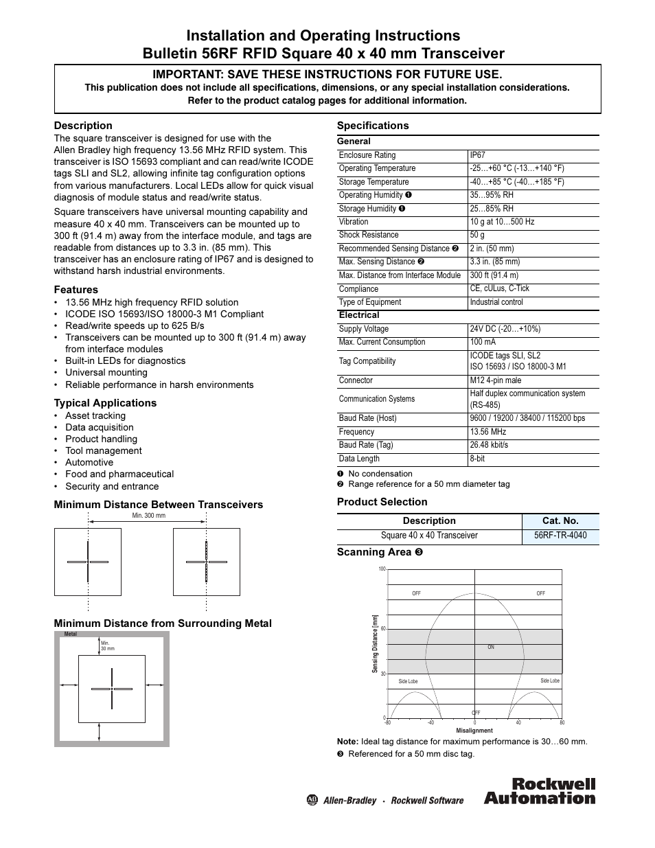 Rockwell Automation 56RF RFID Square 40x40 mm Transceiver Installation Instructions User Manual | 2 pages