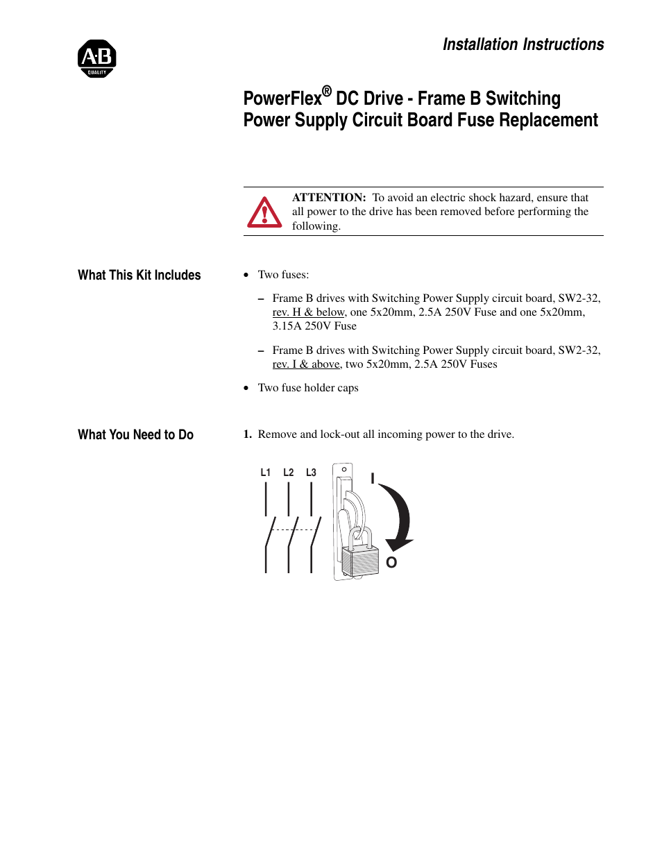 Rockwell Automation 20P PowerFlex DC Drive - Frame B Switching Power Supply Circuit Board Fuses User Manual | 2 pages