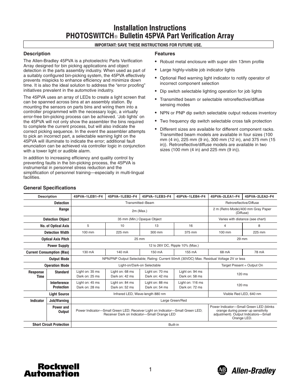 Rockwell Automation 45PVA Part Verification Array User Manual | 8 pages