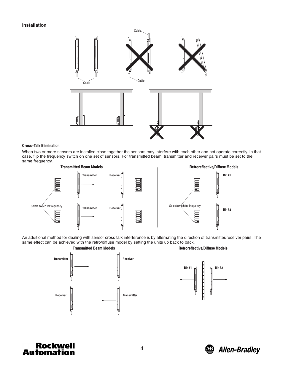 Installation, Transmitted beam models, Retroreflective/diffuse models | Rockwell Automation 45PVA Part Verification Array User Manual | Page 4 / 8