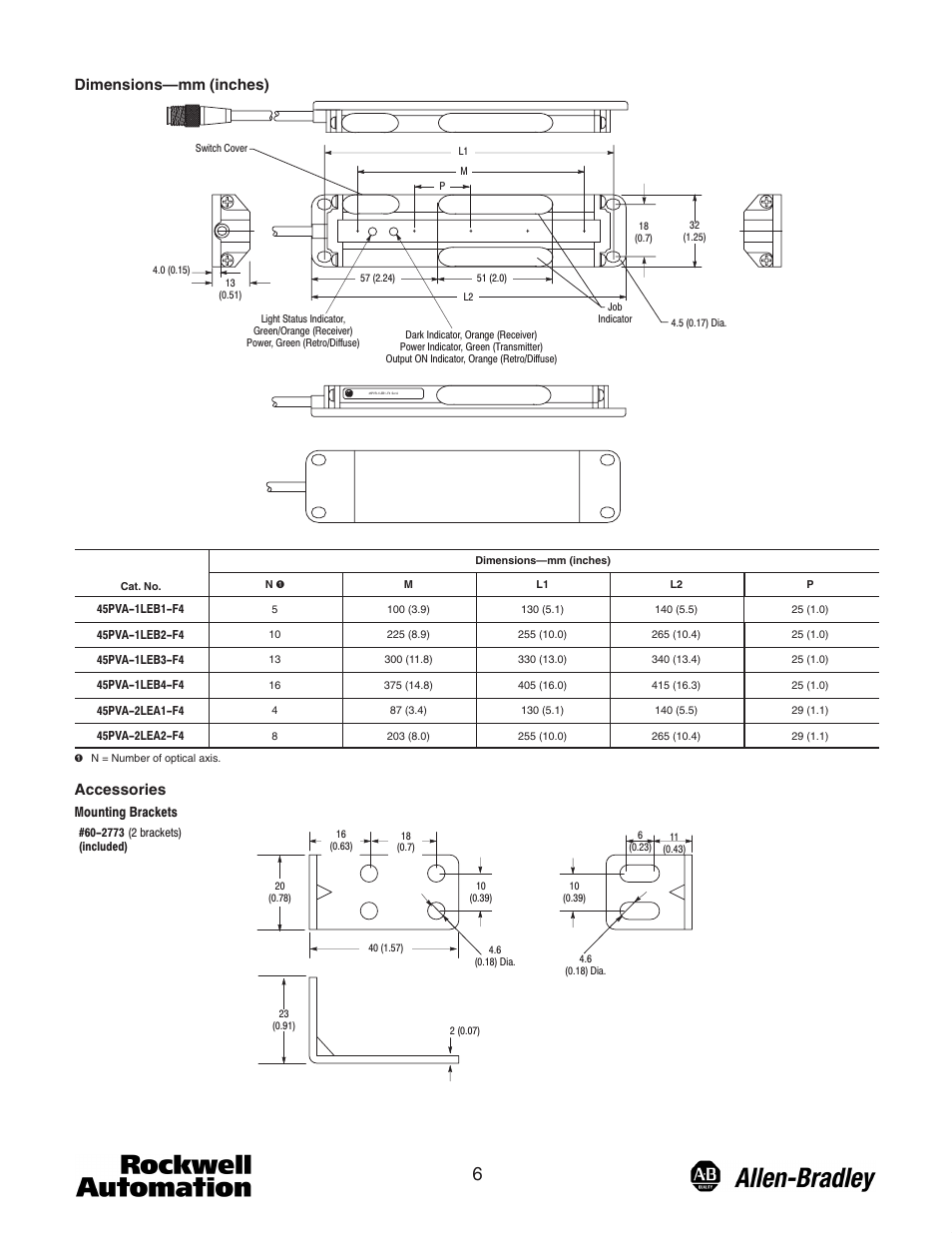 Dimensions—mm (inches), Accessories, Mounting brackets | Rockwell Automation 45PVA Part Verification Array User Manual | Page 6 / 8