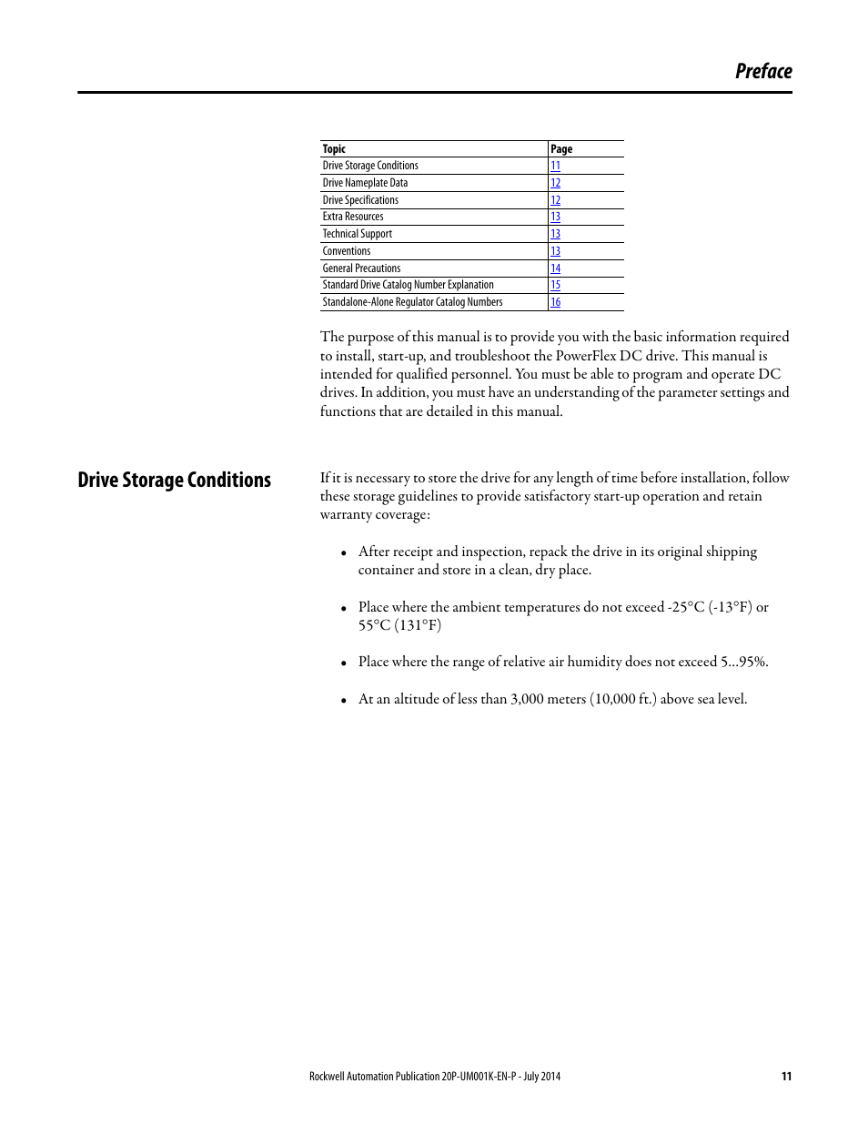 Preface, Drive storage conditions | Rockwell Automation 23P PowerFlex Digital DC Drive User Manual | Page 11 / 404