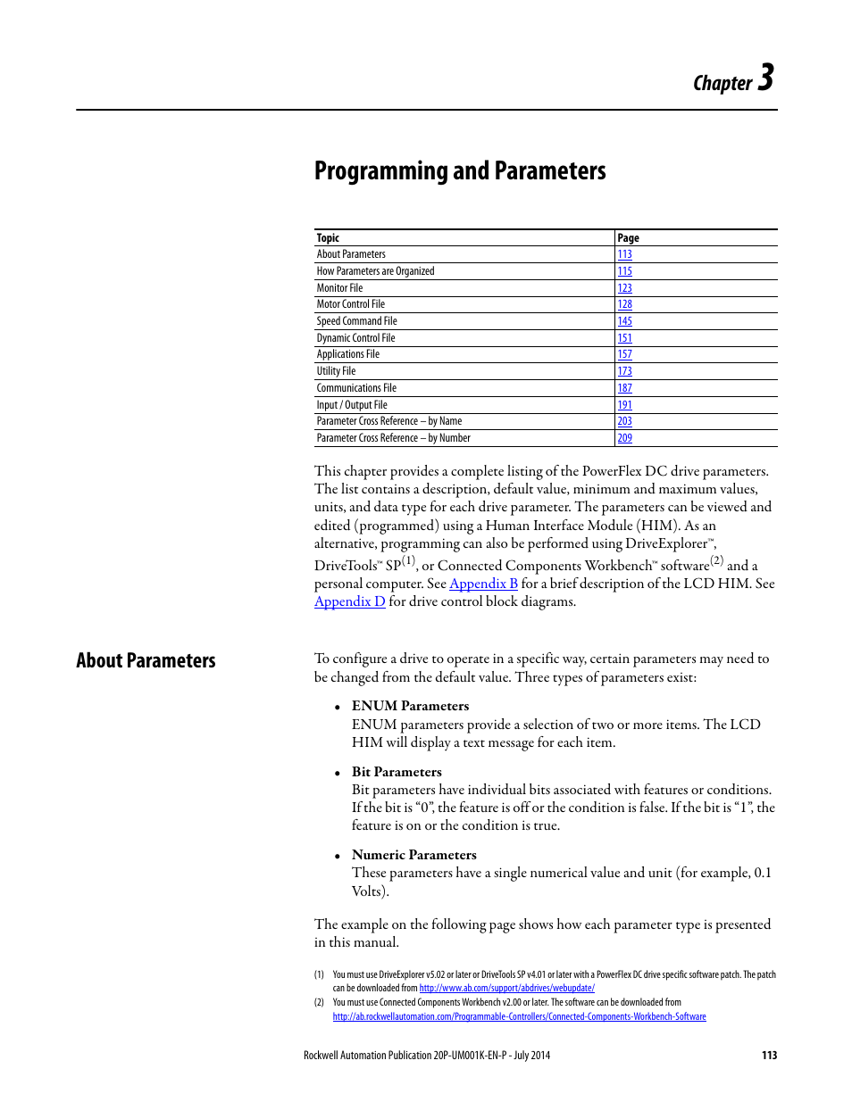 Chapter 3 - programming and parameters, About parameters, Chapter 3 | Programming and parameters, Chapter | Rockwell Automation 23P PowerFlex Digital DC Drive User Manual | Page 113 / 404