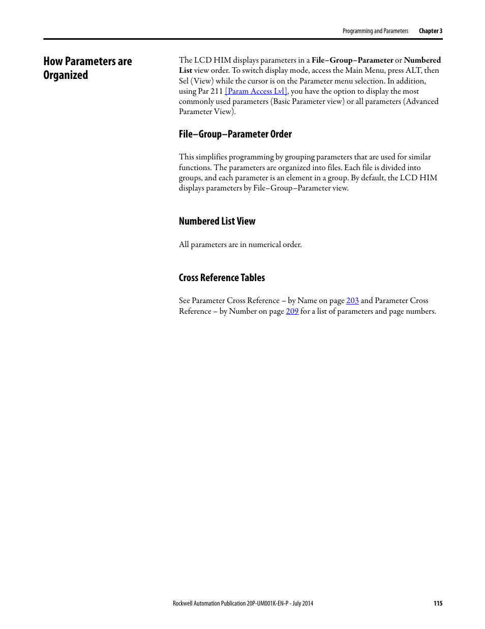 How parameters are organized, File–group–parameter order, Numbered list view | Cross reference tables, Ee how parameters are organized o | Rockwell Automation 23P PowerFlex Digital DC Drive User Manual | Page 115 / 404