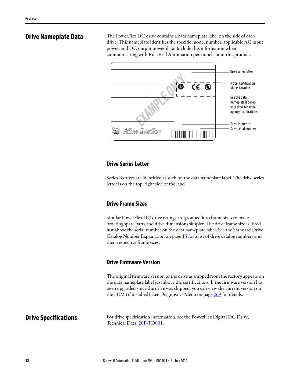 Drive nameplate data, Drive series letter, Drive frame sizes | Drive firmware version, Drive specifications, Example onl y | Rockwell Automation 23P PowerFlex Digital DC Drive User Manual | Page 12 / 404