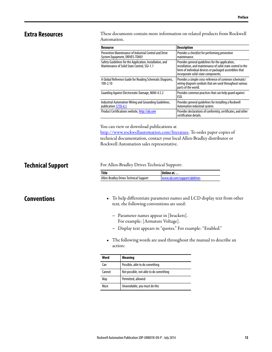 Extra resources, Technical support, Conventions | Extra resources technical support conventions | Rockwell Automation 23P PowerFlex Digital DC Drive User Manual | Page 13 / 404