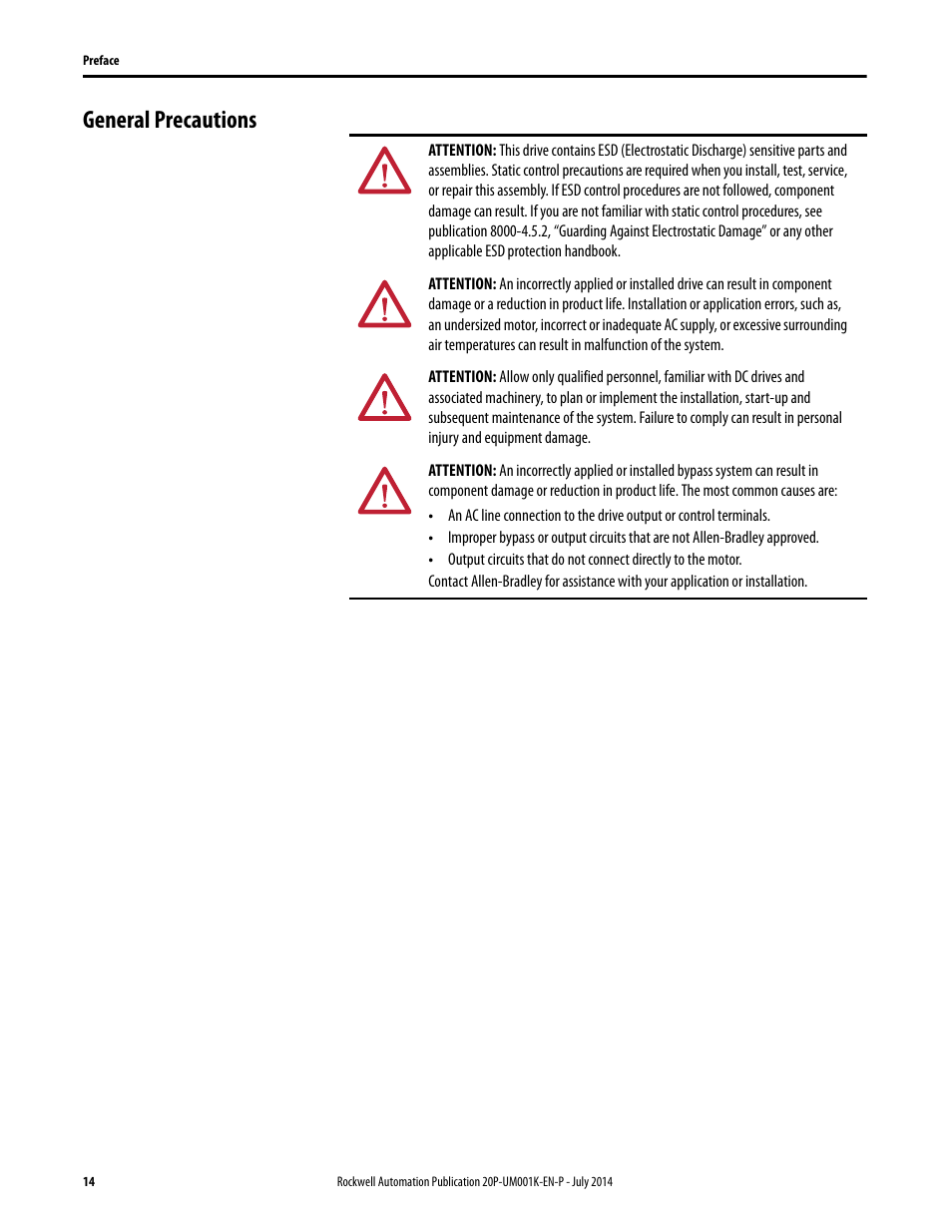General precautions | Rockwell Automation 23P PowerFlex Digital DC Drive User Manual | Page 14 / 404