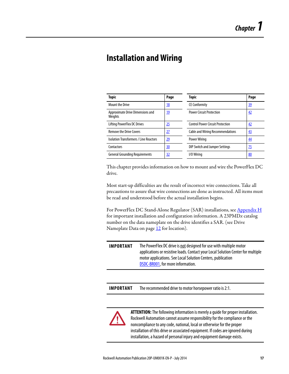 Chapter 1 - installation and wiring, Chapter 1, Installation and wiring | Chapter | Rockwell Automation 23P PowerFlex Digital DC Drive User Manual | Page 17 / 404