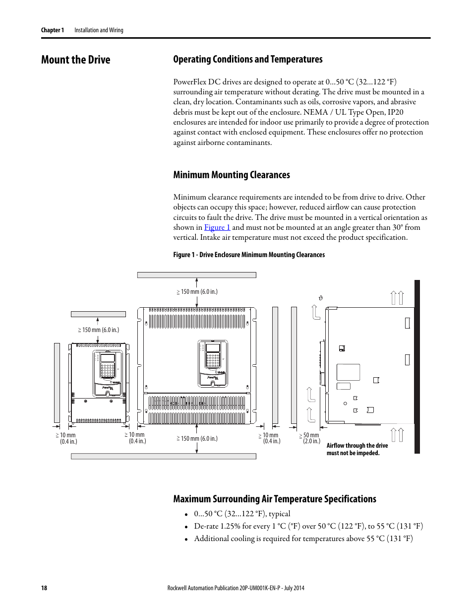 Mount the drive, Operating conditions and temperatures, Minimum mounting clearances | Maximum surrounding air temperature specifications | Rockwell Automation 23P PowerFlex Digital DC Drive User Manual | Page 18 / 404
