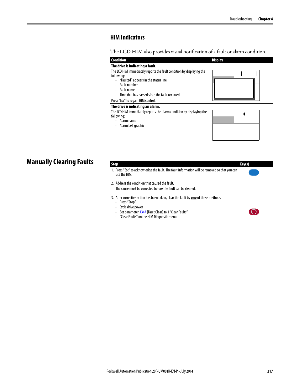 Him indicators, Manually clearing faults | Rockwell Automation 23P PowerFlex Digital DC Drive User Manual | Page 217 / 404