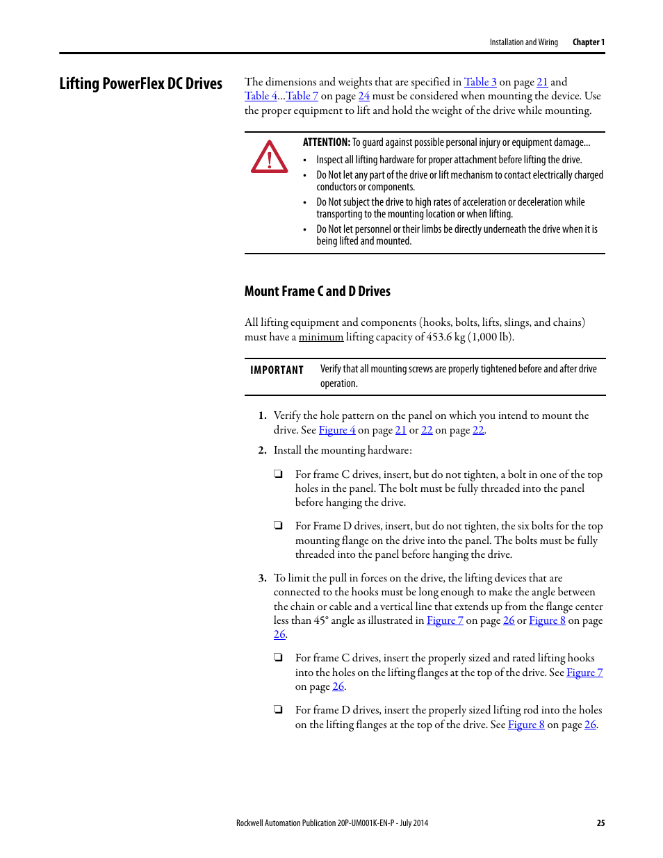 Lifting powerflex dc drives, Mount frame c and d drives | Rockwell Automation 23P PowerFlex Digital DC Drive User Manual | Page 25 / 404