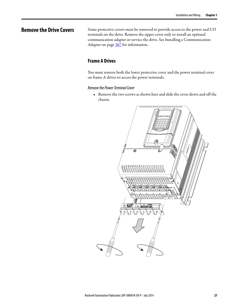 Remove the drive covers, Frame a drives | Rockwell Automation 23P PowerFlex Digital DC Drive User Manual | Page 27 / 404