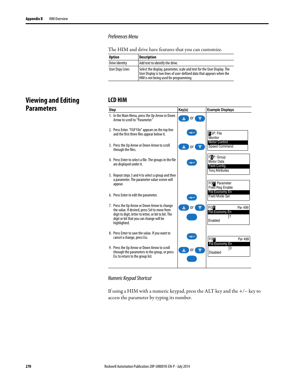 Viewing and editing parameters, Lcd him, Viewing and editing parameters o | Preferences menu, Numeric keypad shortcut | Rockwell Automation 23P PowerFlex Digital DC Drive User Manual | Page 270 / 404