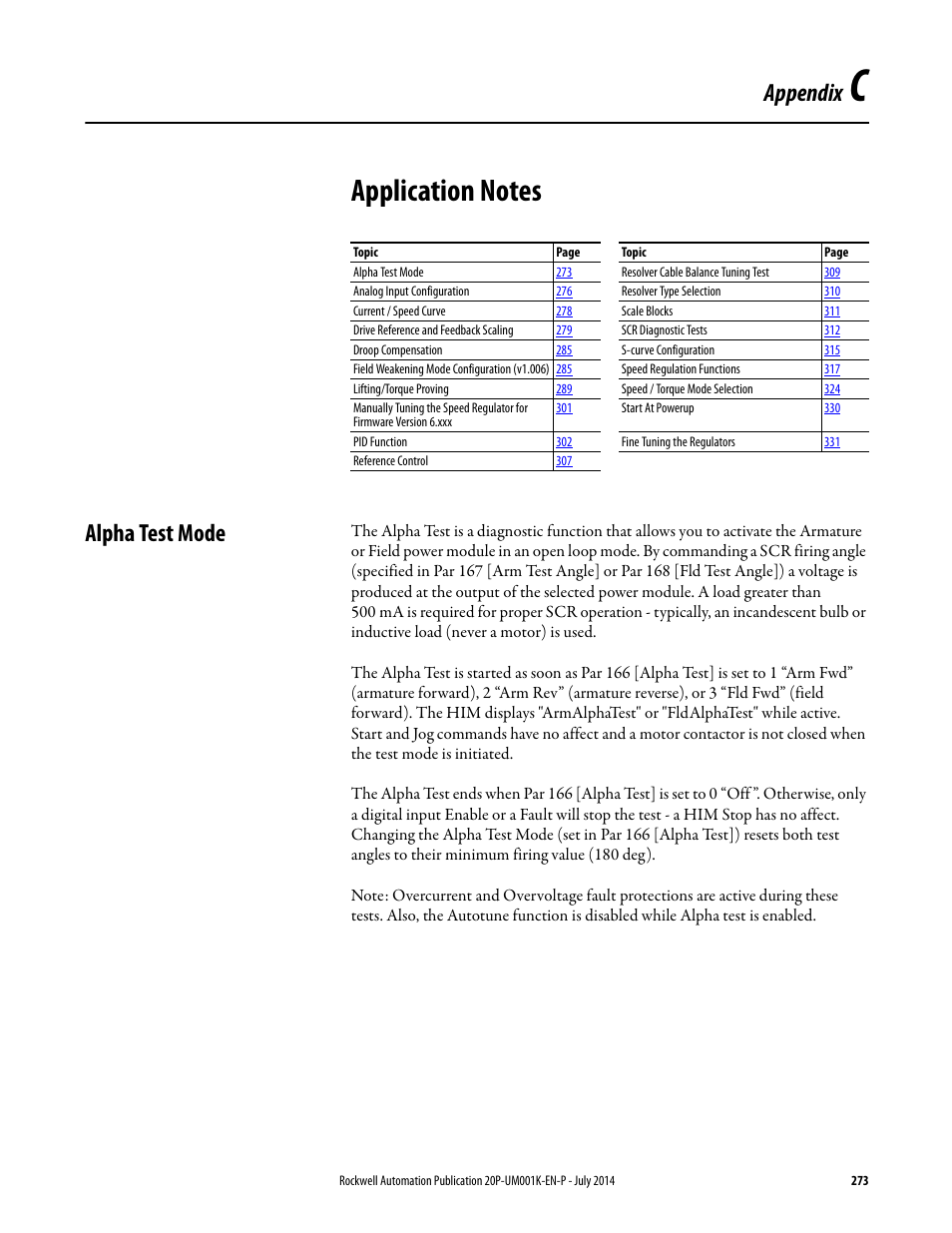 Appendix c - application notes, Alpha test mode, Appendix c | Application notes, Appendix | Rockwell Automation 23P PowerFlex Digital DC Drive User Manual | Page 273 / 404