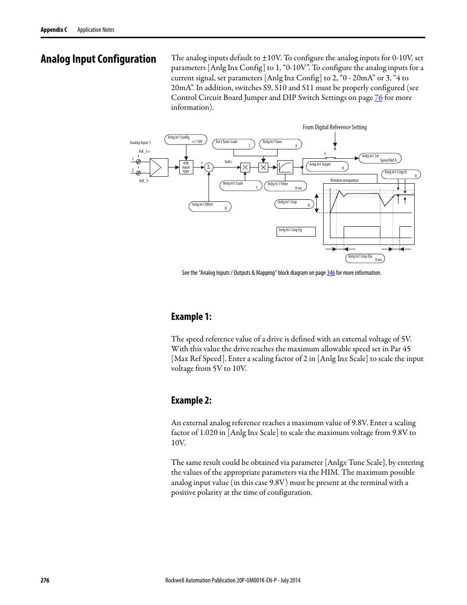 Analog input configuration, Example 1, Example 2 | Example 1: example 2, Analog input configuration on | Rockwell Automation 23P PowerFlex Digital DC Drive User Manual | Page 276 / 404
