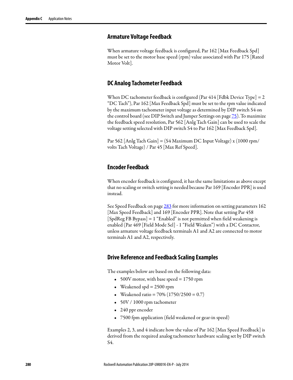 Armature voltage feedback, Dc analog tachometer feedback, Encoder feedback | Drive reference and feedback scaling examples | Rockwell Automation 23P PowerFlex Digital DC Drive User Manual | Page 280 / 404