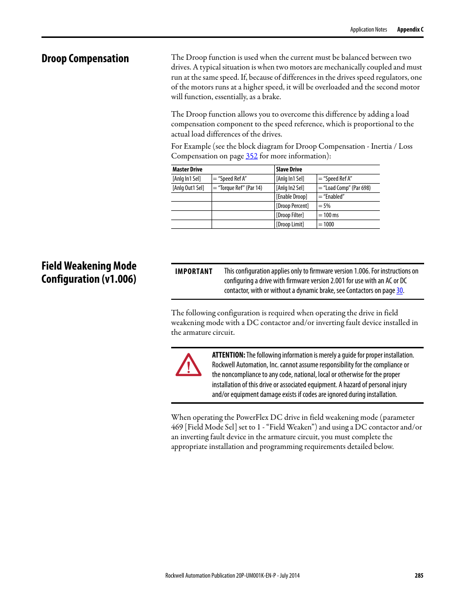 Droop compensation, Field weakening mode configuration (v1.006), E field weakening mode configuration (v1.006) o | Droop compensation o | Rockwell Automation 23P PowerFlex Digital DC Drive User Manual | Page 285 / 404