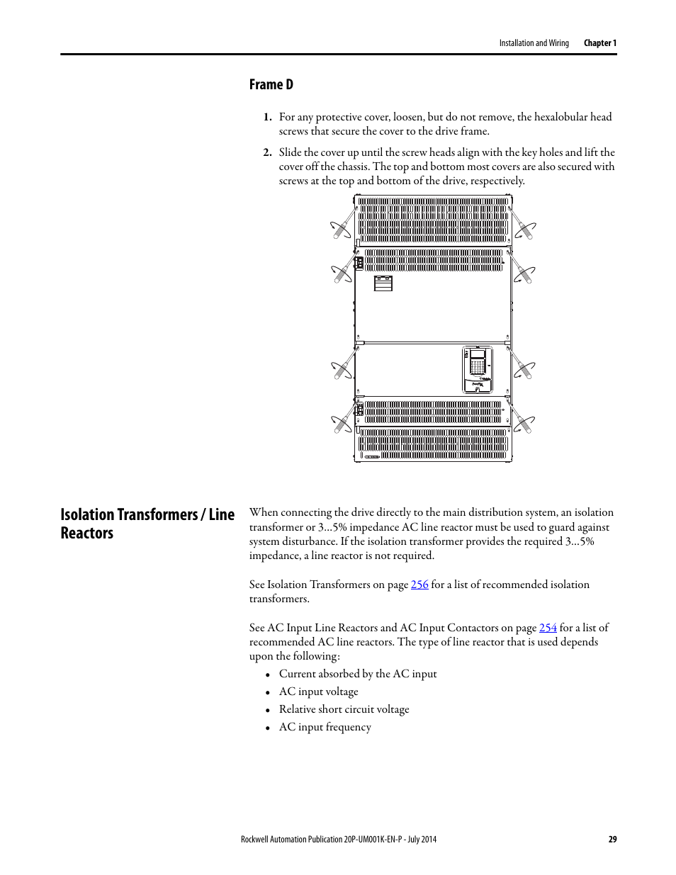 Frame d, Isolation transformers / line reactors | Rockwell Automation 23P PowerFlex Digital DC Drive User Manual | Page 29 / 404