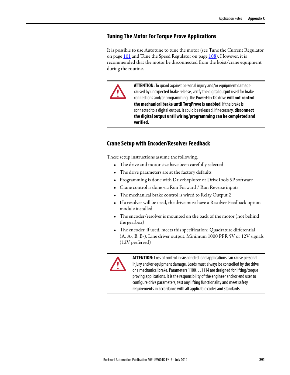 Tuning the motor for torque prove applications, Crane setup with encoder/resolver feedback | Rockwell Automation 23P PowerFlex Digital DC Drive User Manual | Page 291 / 404