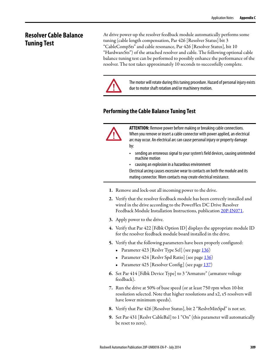 Resolver cable balance tuning test, Performing the cable balance tuning test, Resolver cable balance tuning test on | Ee resolver cable balance tuning test on, For c | Rockwell Automation 23P PowerFlex Digital DC Drive User Manual | Page 309 / 404