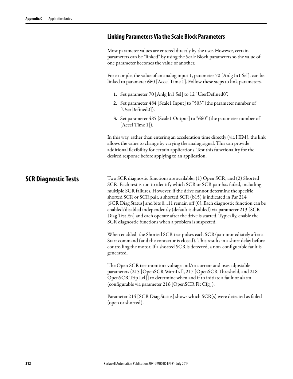 Linking parameters via the scale block parameters, Scr diagnostic tests | Rockwell Automation 23P PowerFlex Digital DC Drive User Manual | Page 312 / 404