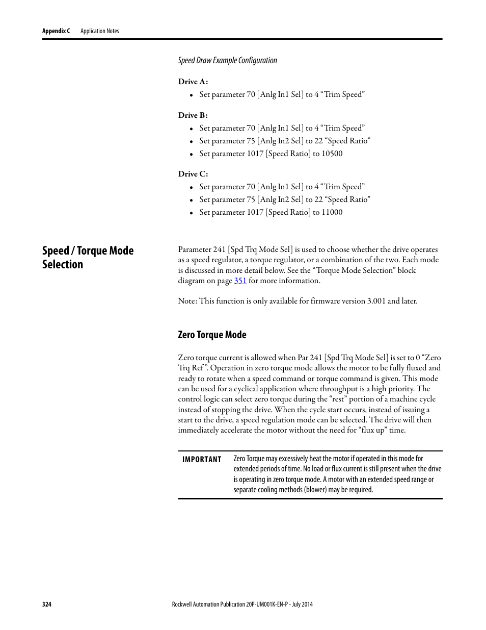 Speed / torque mode selection, Zero torque mode, Speed / torque mode selection on | Rockwell Automation 23P PowerFlex Digital DC Drive User Manual | Page 324 / 404