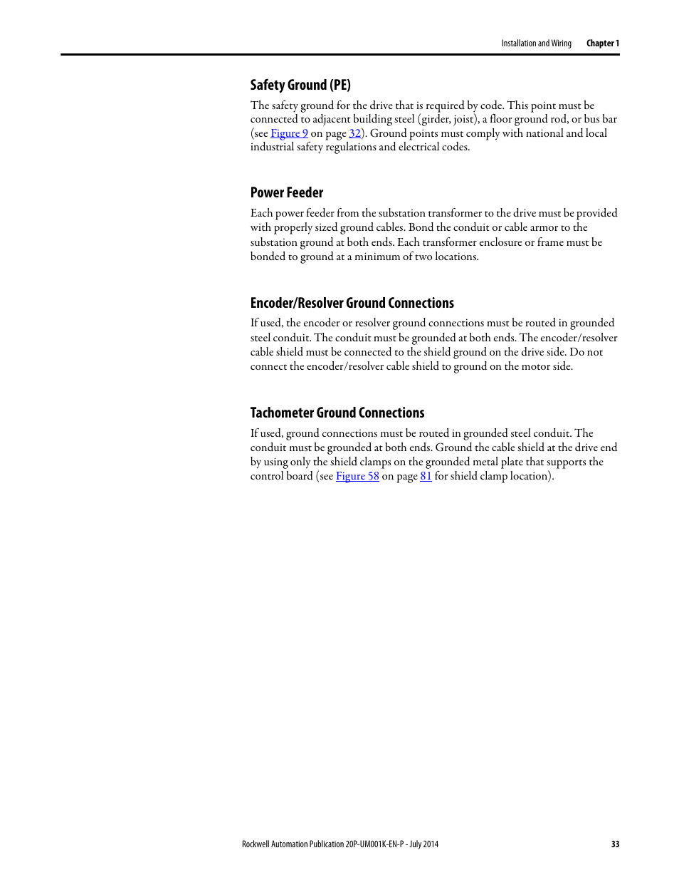 Safety ground (pe), Power feeder, Encoder/resolver ground connections | Tachometer ground connections | Rockwell Automation 23P PowerFlex Digital DC Drive User Manual | Page 33 / 404