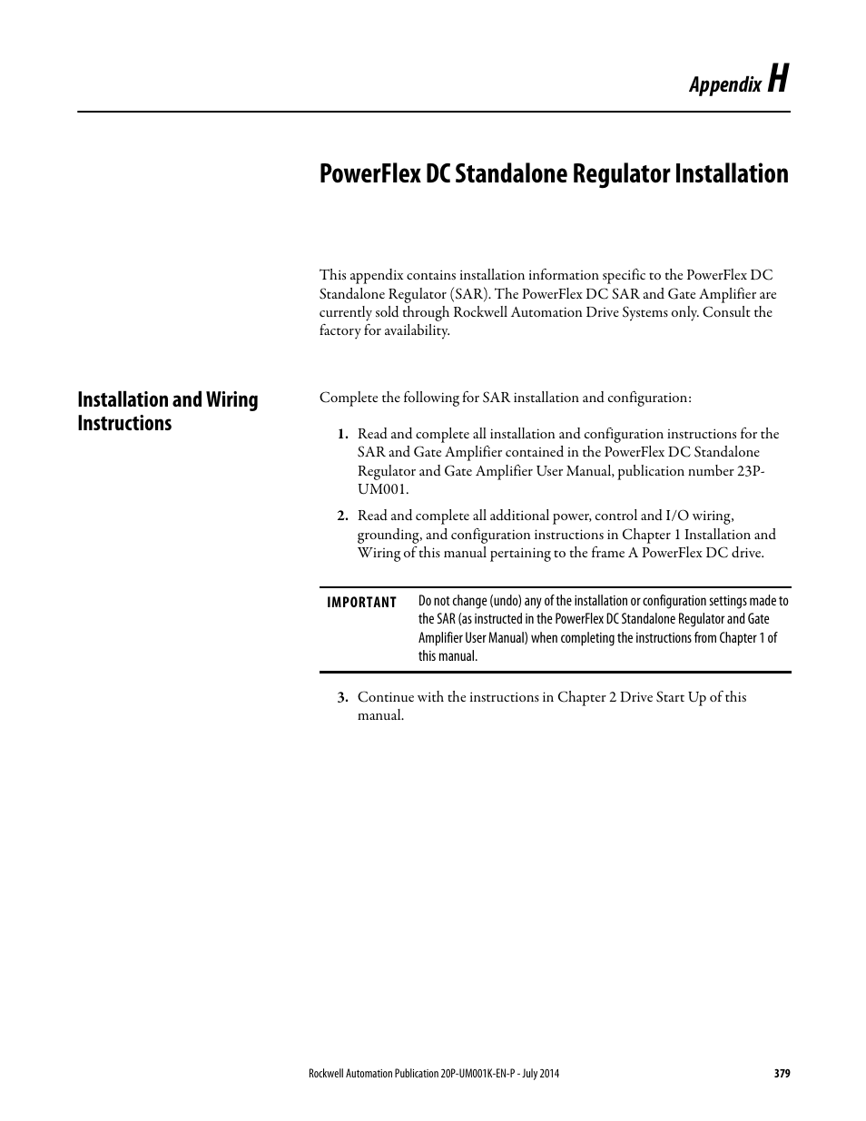 Installation and wiring instructions, Appendix h, Powerflex dc standalone regulator installation | Appendix | Rockwell Automation 23P PowerFlex Digital DC Drive User Manual | Page 379 / 404