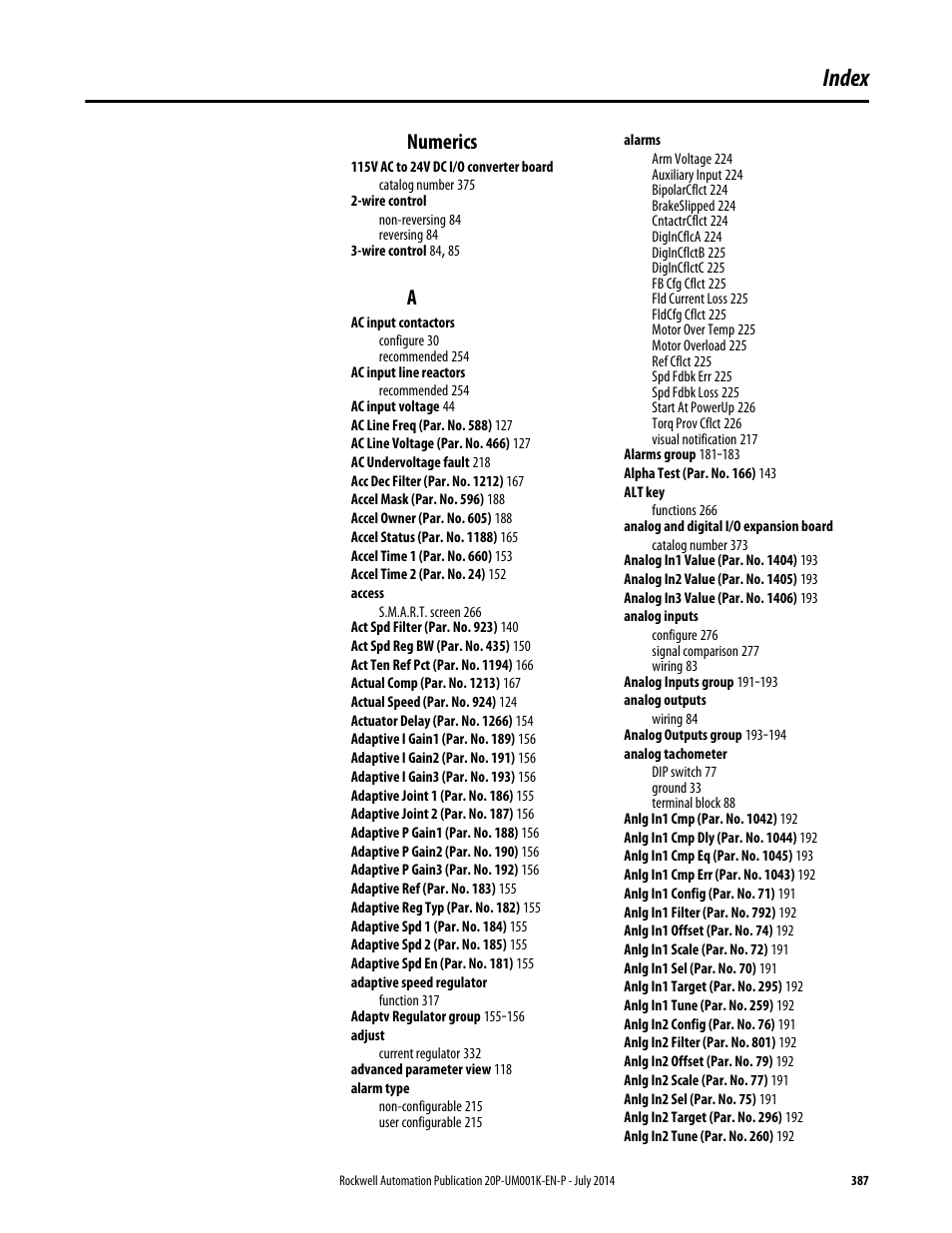 Index, Numerics | Rockwell Automation 23P PowerFlex Digital DC Drive User Manual | Page 387 / 404