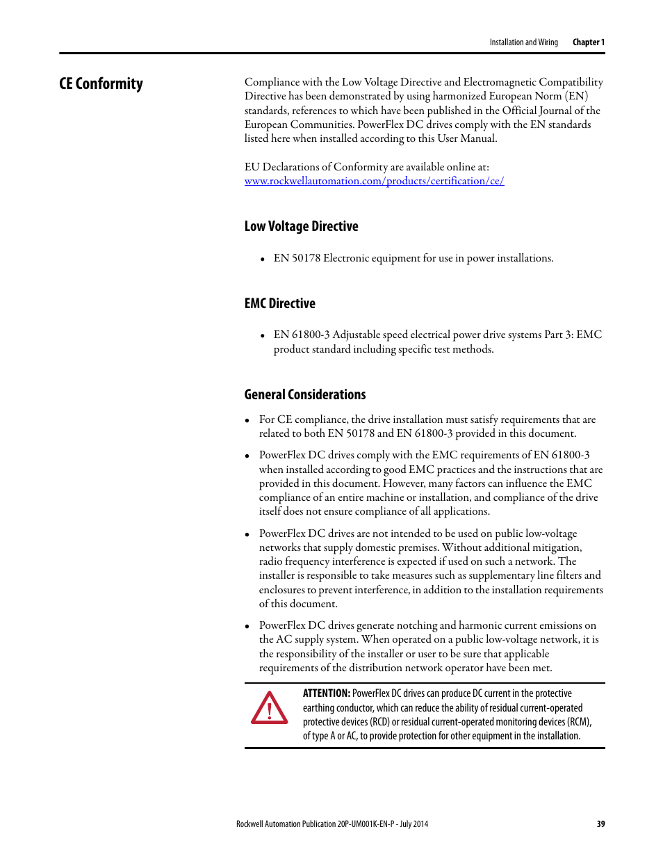 Ce conformity, Low voltage directive, Emc directive | General considerations | Rockwell Automation 23P PowerFlex Digital DC Drive User Manual | Page 39 / 404