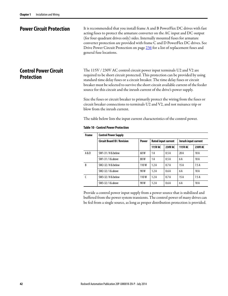 Power circuit protection, Control power circuit protection | Rockwell Automation 23P PowerFlex Digital DC Drive User Manual | Page 42 / 404