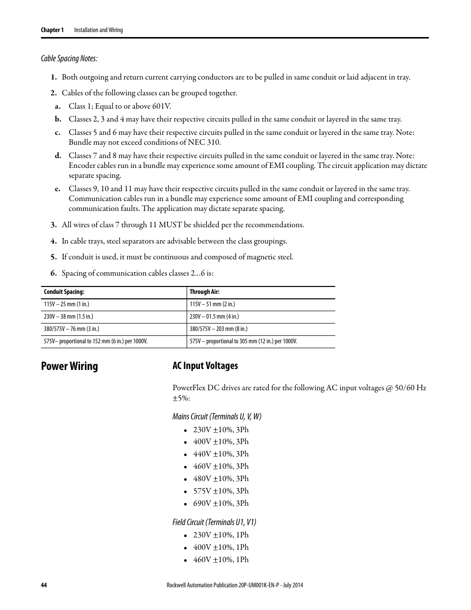Power wiring, Ac input voltages | Rockwell Automation 23P PowerFlex Digital DC Drive User Manual | Page 44 / 404