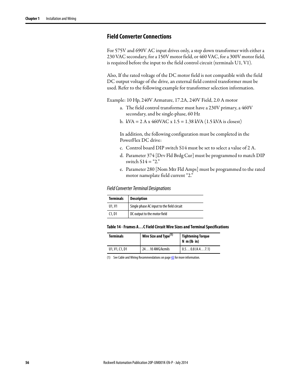 Field converter connections, E field converter connections | Rockwell Automation 23P PowerFlex Digital DC Drive User Manual | Page 56 / 404