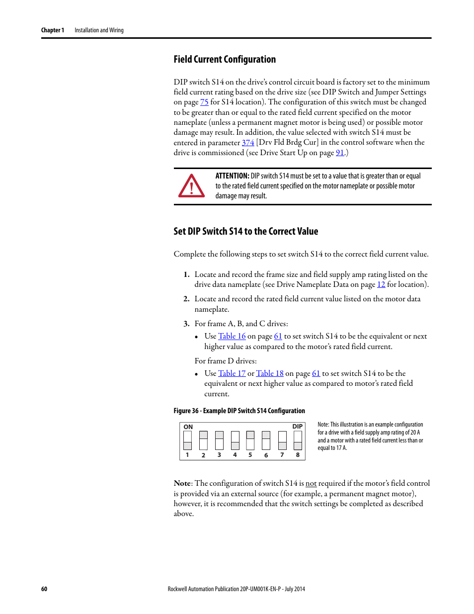 Field current configuration, Set dip switch s14 to the correct value | Rockwell Automation 23P PowerFlex Digital DC Drive User Manual | Page 60 / 404