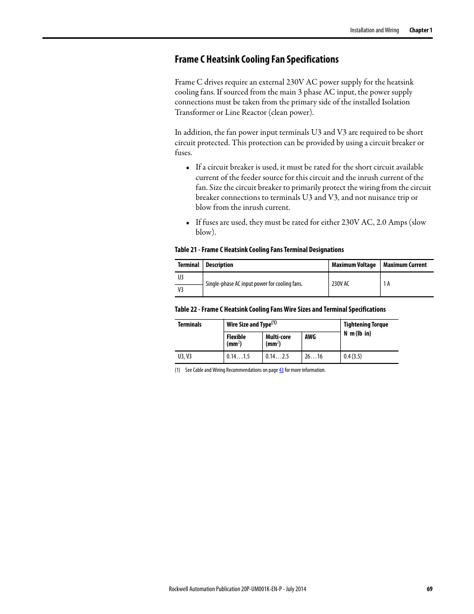 Frame c heatsink cooling fan specifications, E frame c heatsink cooling fan specifications, And f | Rockwell Automation 23P PowerFlex Digital DC Drive User Manual | Page 69 / 404