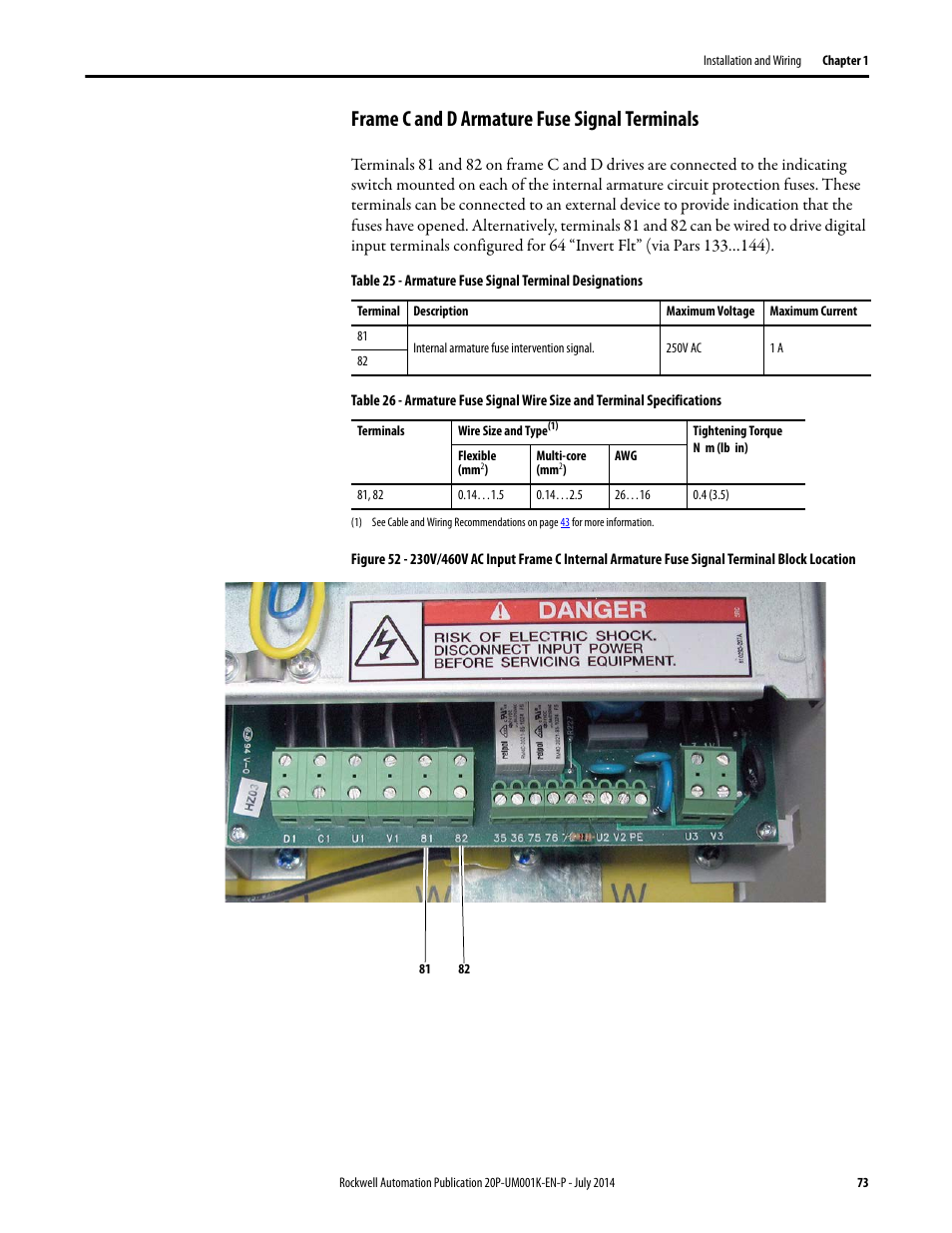 Frame c and d armature fuse signal terminals | Rockwell Automation 23P PowerFlex Digital DC Drive User Manual | Page 73 / 404