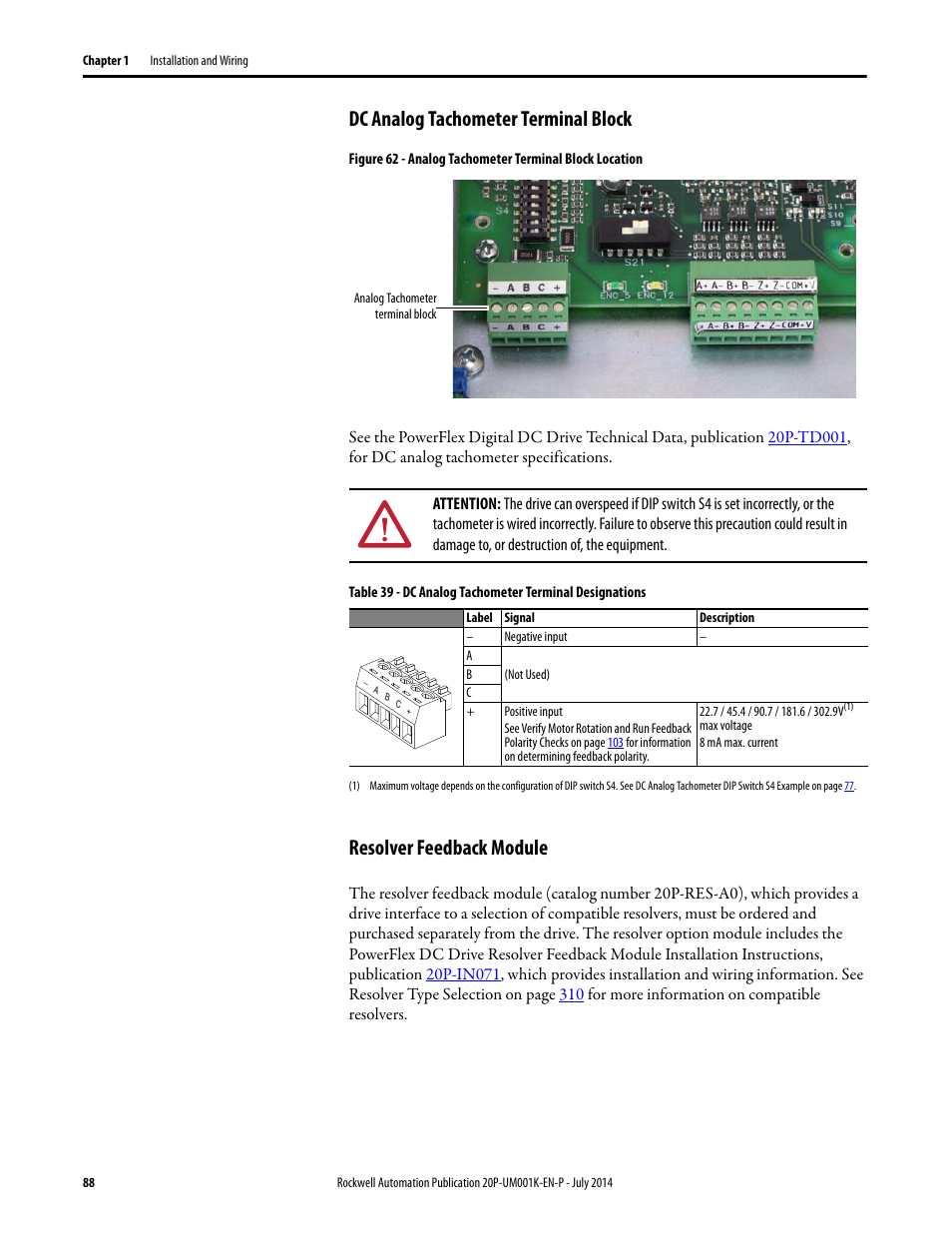 Dc analog tachometer terminal block, Resolver feedback module | Rockwell Automation 23P PowerFlex Digital DC Drive User Manual | Page 88 / 404