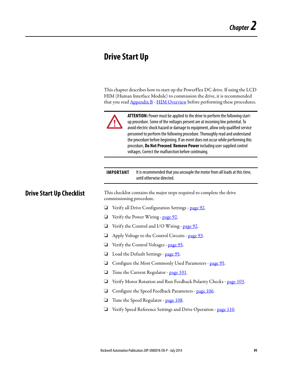 Chapter 2 - drive start up, Drive start up checklist, Chapter 2 | Drive start up, Chapter | Rockwell Automation 23P PowerFlex Digital DC Drive User Manual | Page 91 / 404
