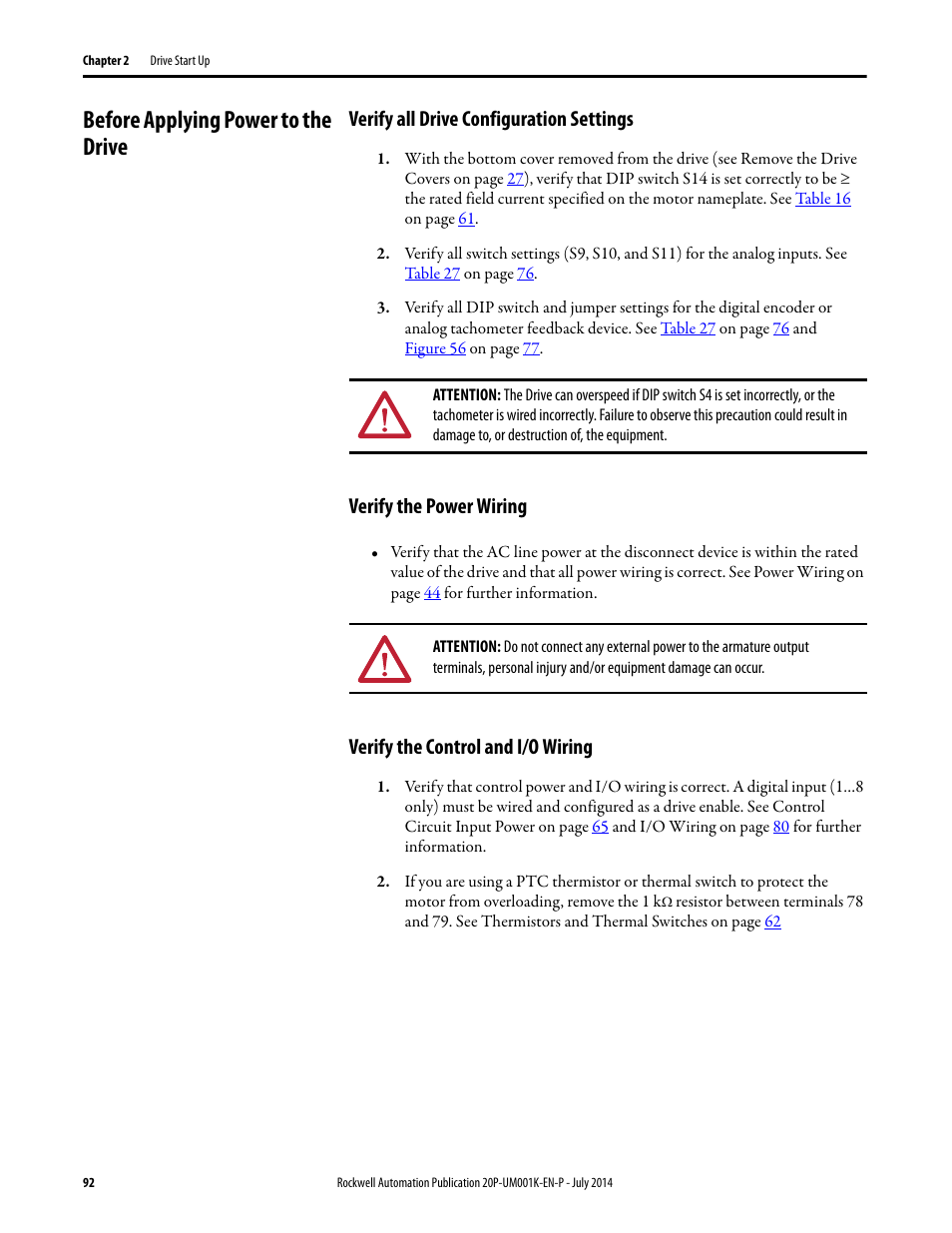 Before applying power to the drive, Verify all drive configuration settings, Verify the power wiring | Verify the control and i/o wiring | Rockwell Automation 23P PowerFlex Digital DC Drive User Manual | Page 92 / 404