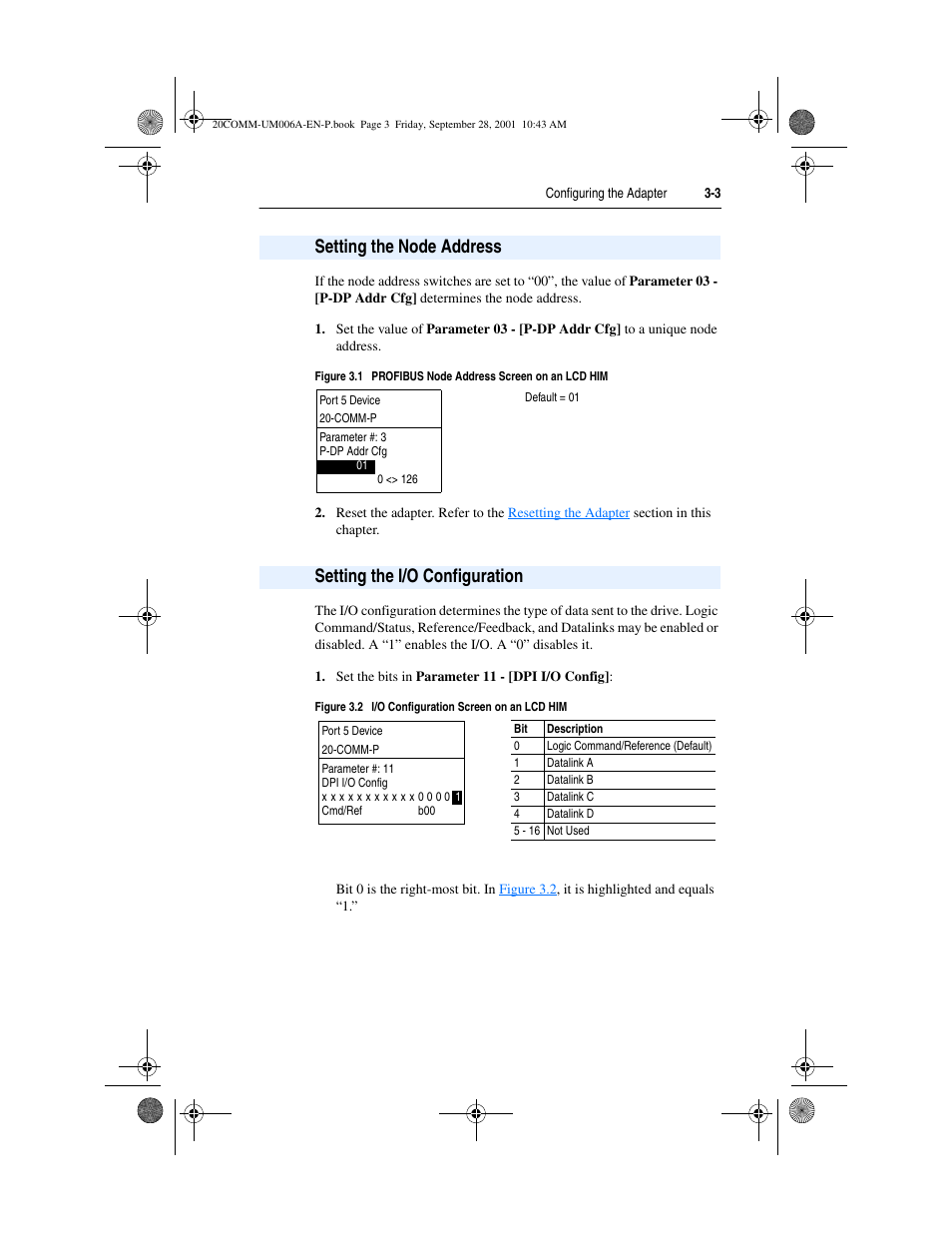 Setting the node address, Setting the i/o configuration | Rockwell Automation 20-COMM-P Profibus Adapter User Manual | Page 25 / 117