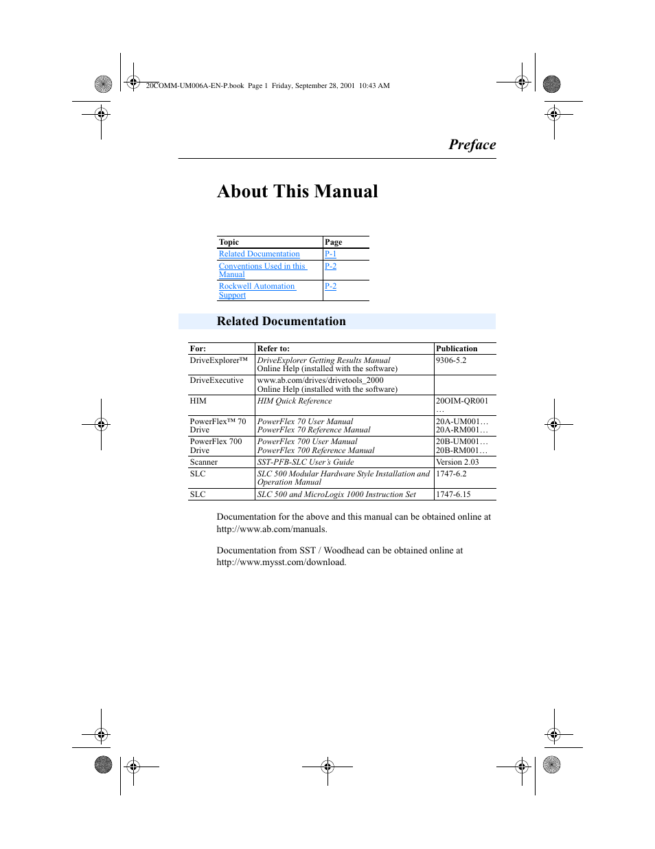 Preface, Related documentation, About this manual | Rockwell Automation 20-COMM-P Profibus Adapter User Manual | Page 5 / 117