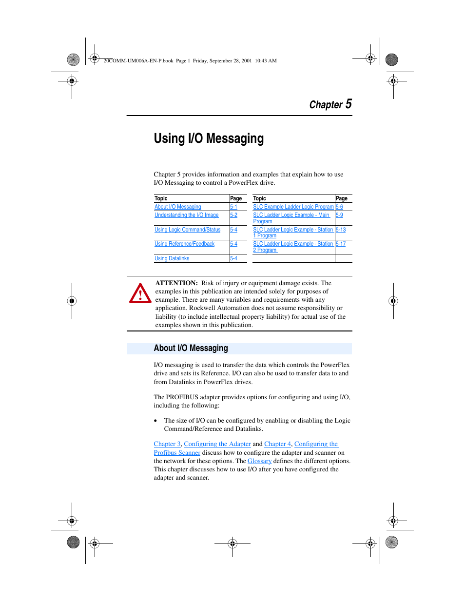 Chapter 5, About i/o messaging, Using i/o messaging | About i/o messaging -1, 5using i/o messaging, Chapter | Rockwell Automation 20-COMM-P Profibus Adapter User Manual | Page 51 / 117