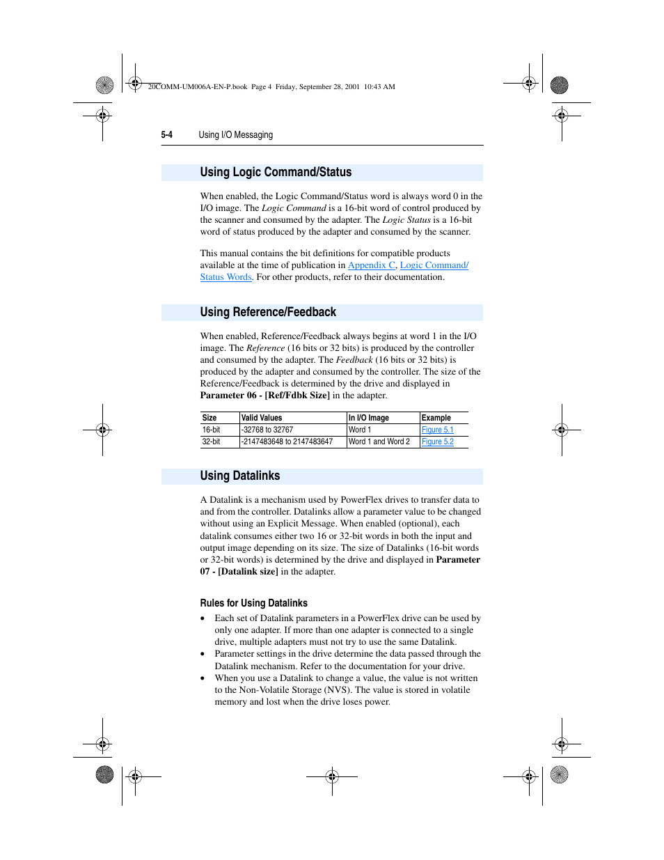 Using logic command/status, Using reference/feedback, Using datalinks | Rockwell Automation 20-COMM-P Profibus Adapter User Manual | Page 54 / 117