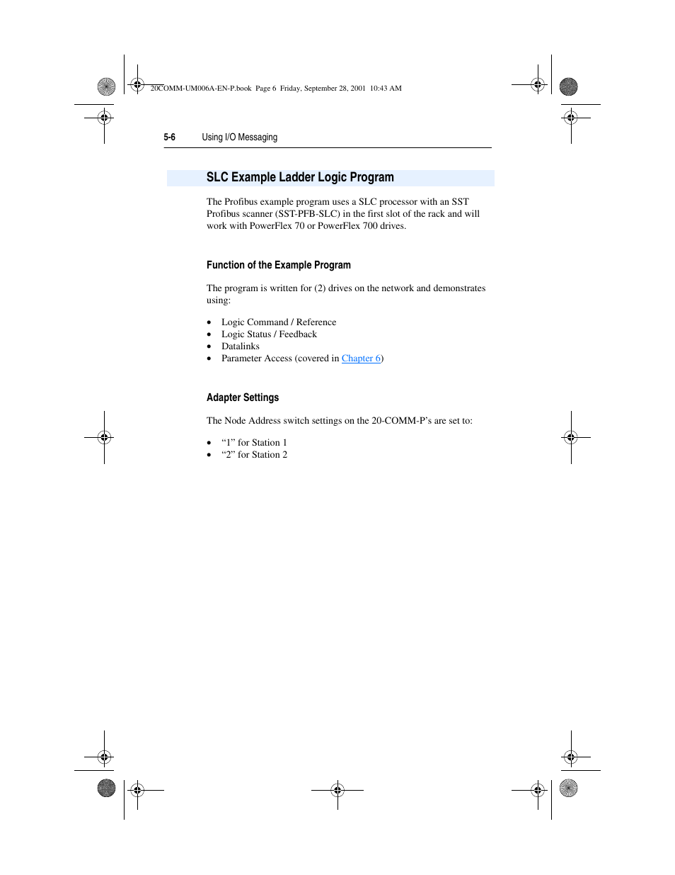 Slc example ladder logic program, Slc example ladder logic program -6, Slc example ladder logic program 5-6 | Rockwell Automation 20-COMM-P Profibus Adapter User Manual | Page 56 / 117