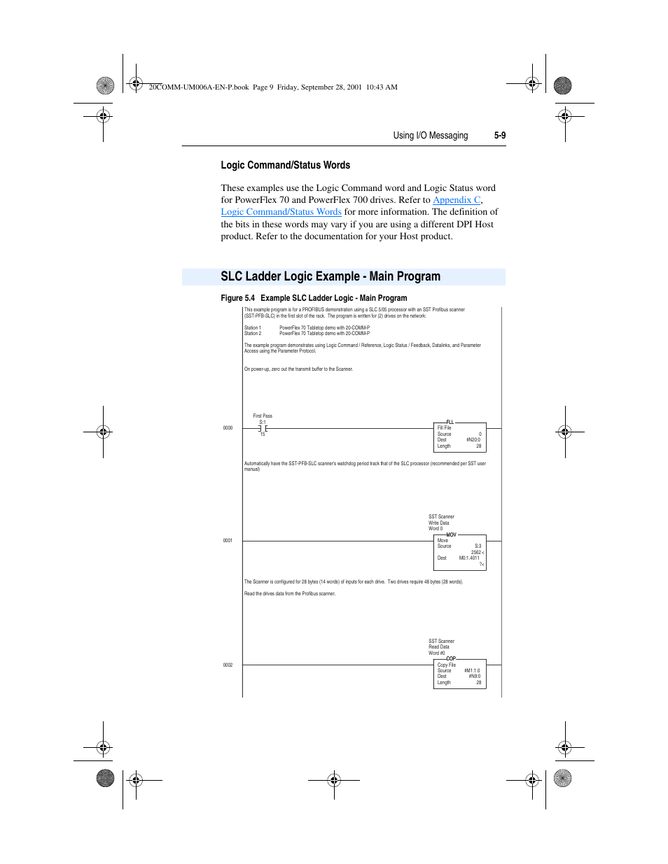 Slc ladder logic example - main program, Logic command/status words, Using i/o messaging 5-9 | Rockwell Automation 20-COMM-P Profibus Adapter User Manual | Page 59 / 117