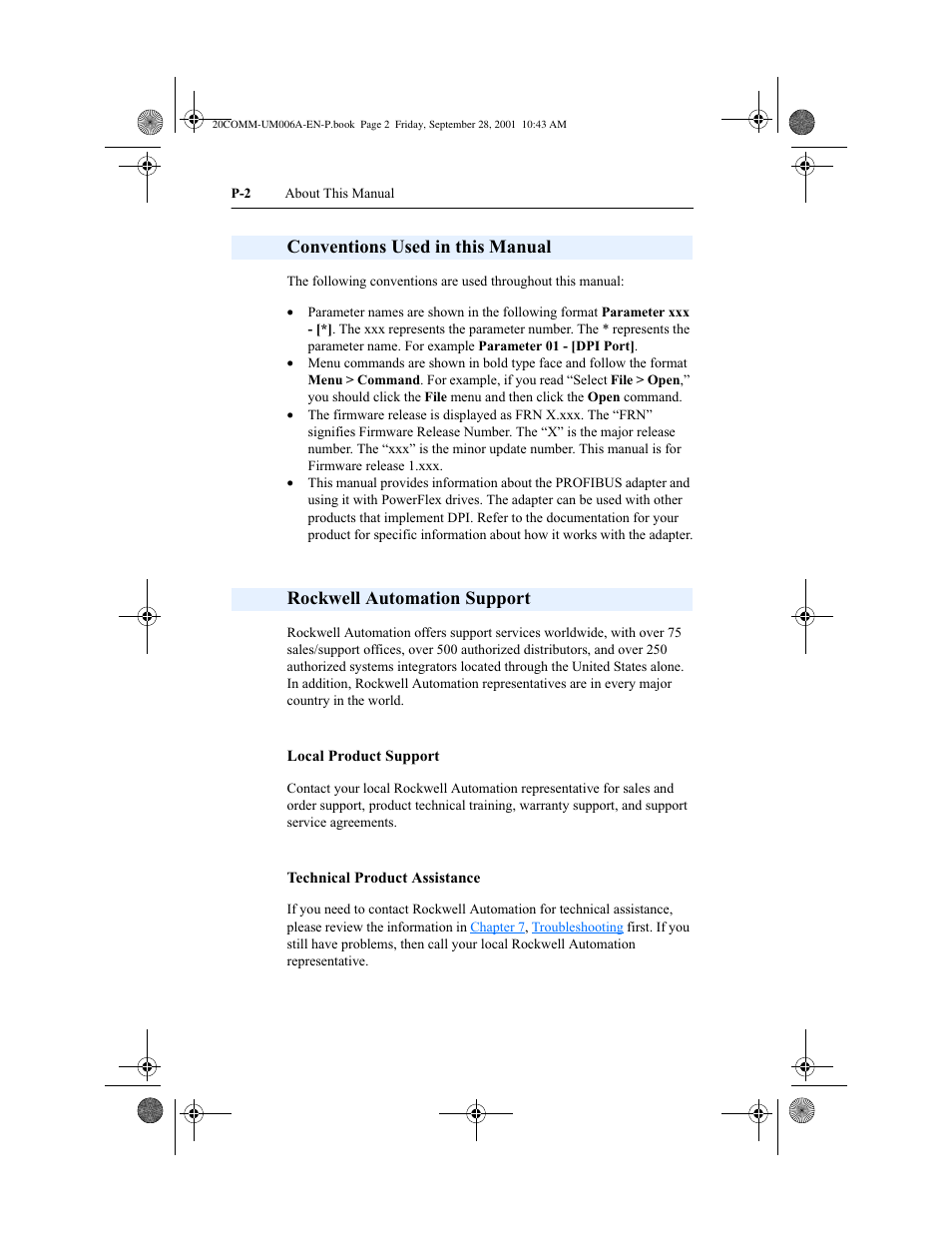 Conventions used in this manual, Rockwell automation support | Rockwell Automation 20-COMM-P Profibus Adapter User Manual | Page 6 / 117