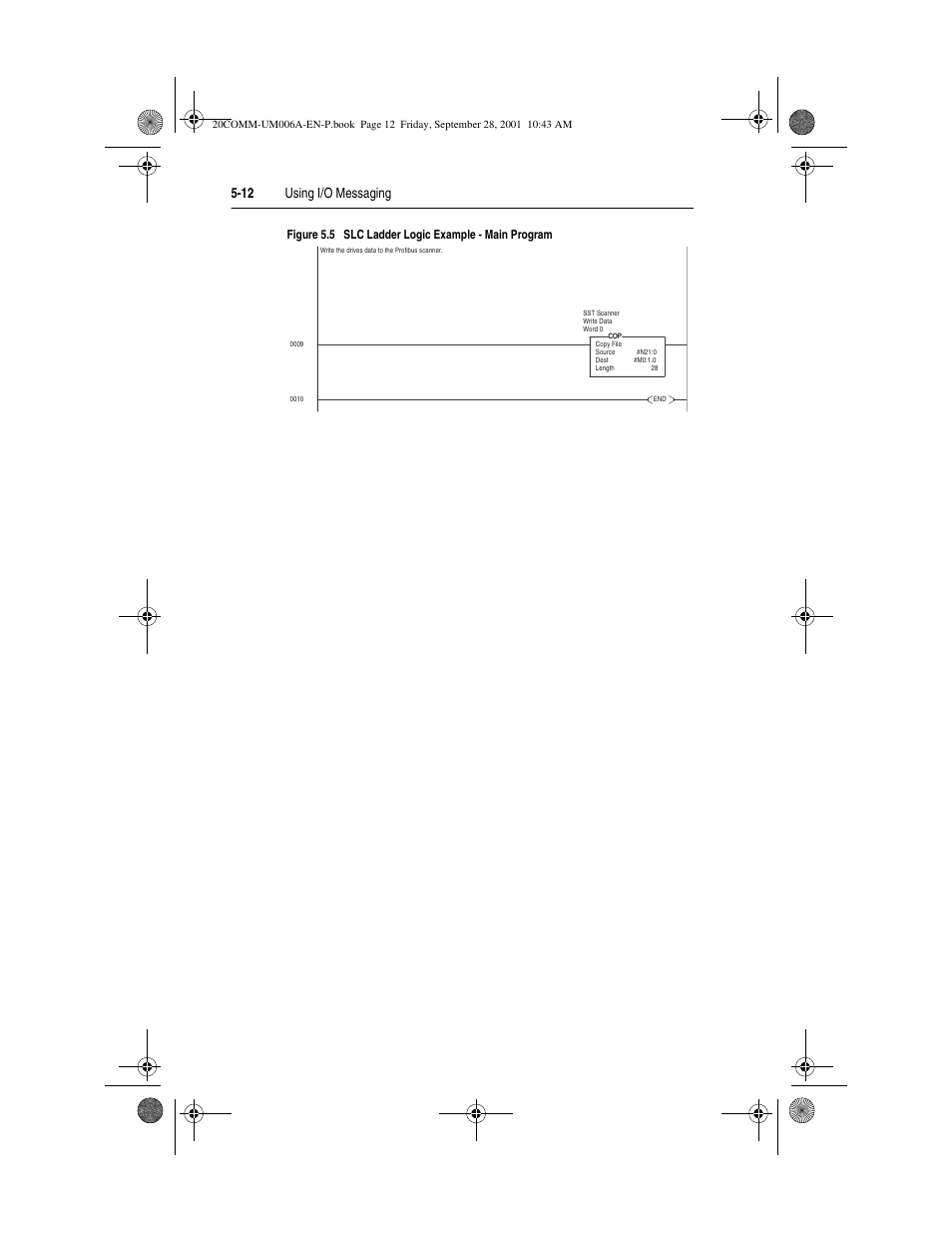 12 using i/o messaging, Figure 5.5 slc ladder logic example - main program | Rockwell Automation 20-COMM-P Profibus Adapter User Manual | Page 62 / 117